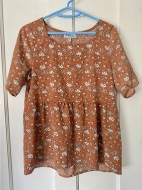Polagram Women’s Small Rust Brown Floral Blouse Summer Shirt Boho 70s Hippie